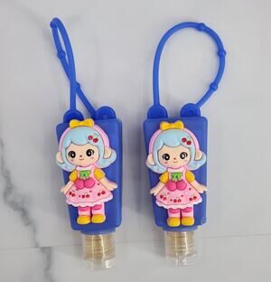 2 EMPTY Kids Refillable Containers Blue & Pink Doll Character Holder with Strap